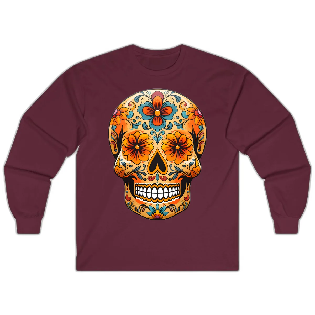 Vibrant Floral Sugar Skull Calavera Design Long Sleeve in Maroon