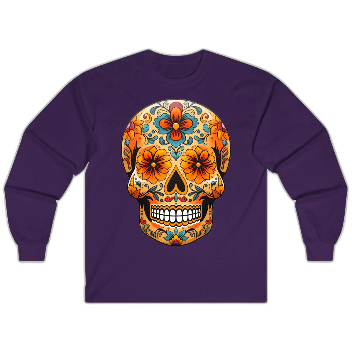 Vibrant Floral Sugar Skull Calavera Design Long Sleeve in Purple