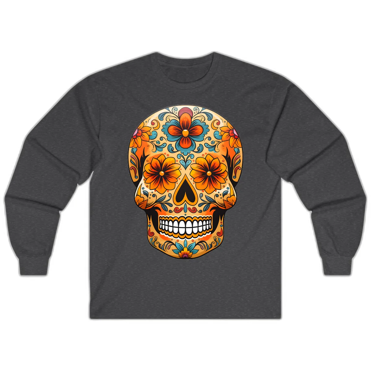 Vibrant Floral Sugar Skull Calavera Design Long Sleeve in Dark Heather