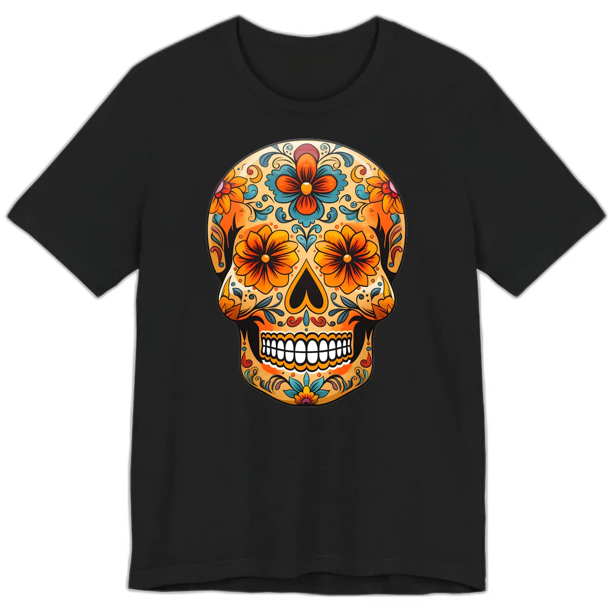 Vibrant Floral Sugar Skull Calavera Design Premium T-Shirt in Black