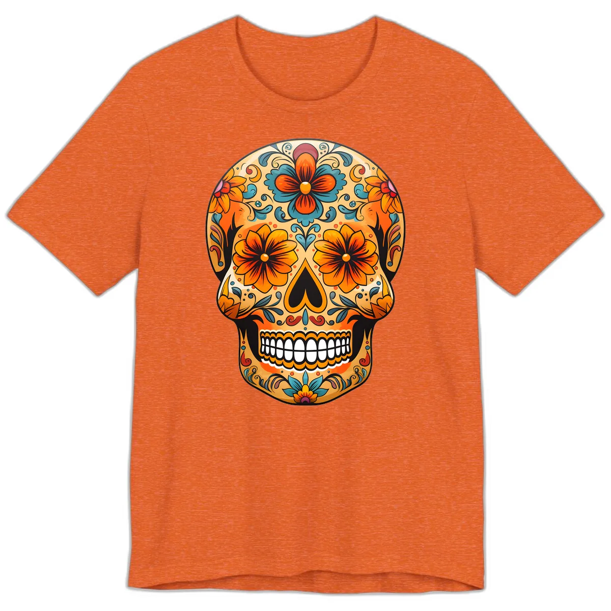 Vibrant Floral Sugar Skull Calavera Design Premium T-Shirt in Heather Orange