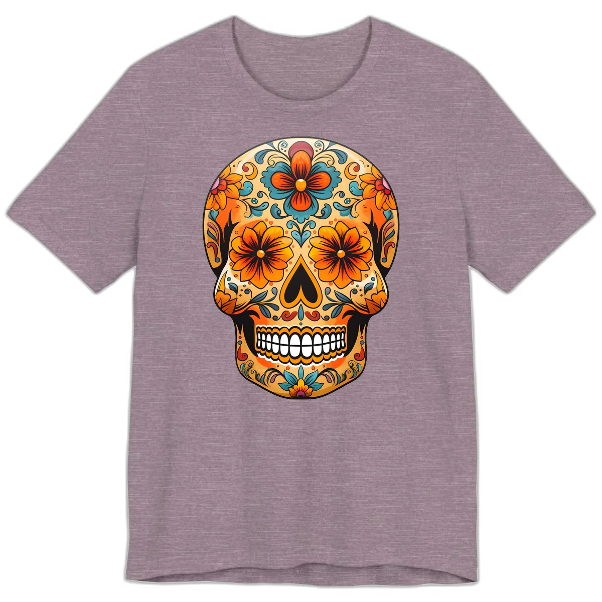 Vibrant Floral Sugar Skull Calavera Design Premium T-Shirt in Heather Purple