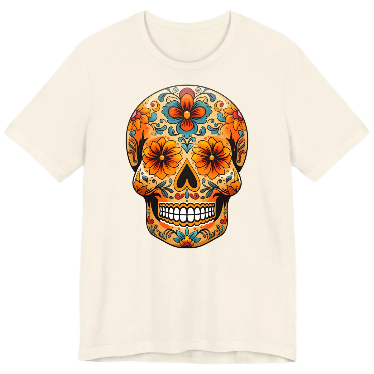 Vibrant Floral Sugar Skull Calavera Design Premium T-Shirt in Natural