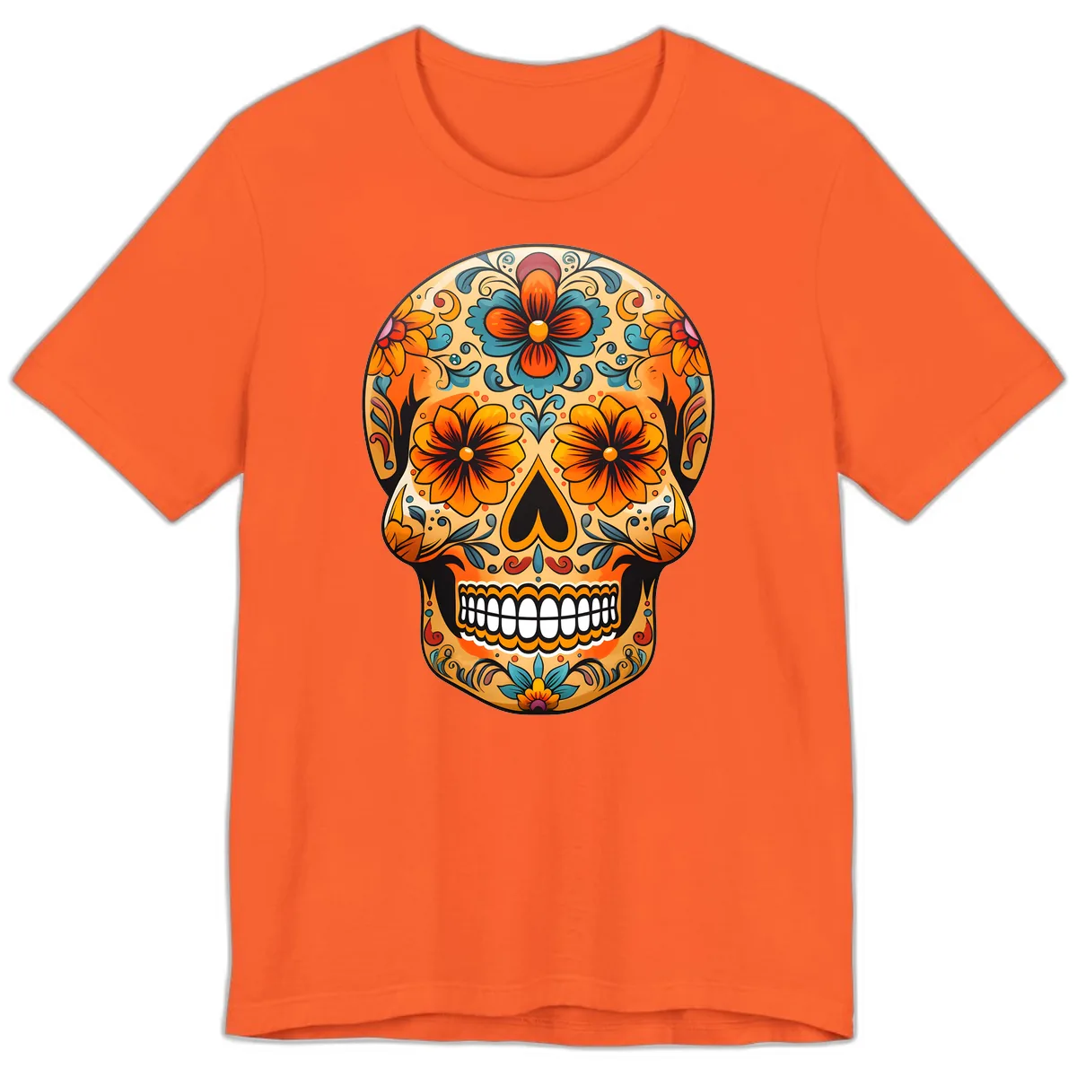 Vibrant Floral Sugar Skull Calavera Design Premium T-Shirt in Orange