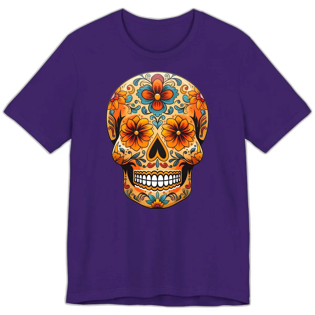 Vibrant Floral Sugar Skull Calavera Design Premium T-Shirt in Team Purple