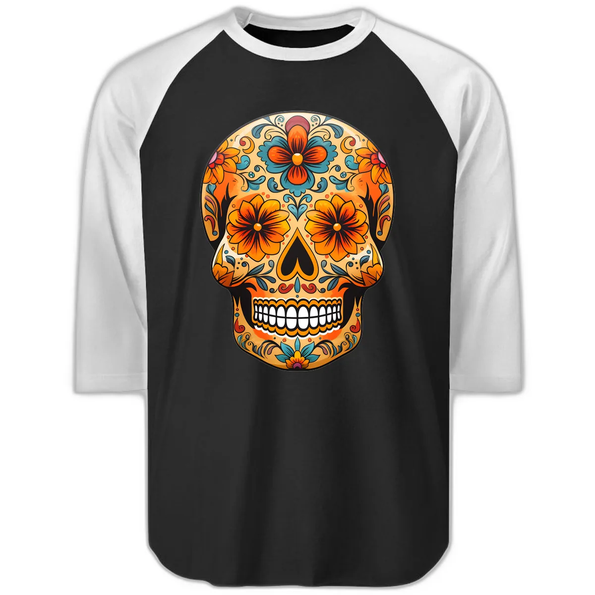 Vibrant Floral Sugar Skull Calavera Design Raglan 3/4 in Black White
