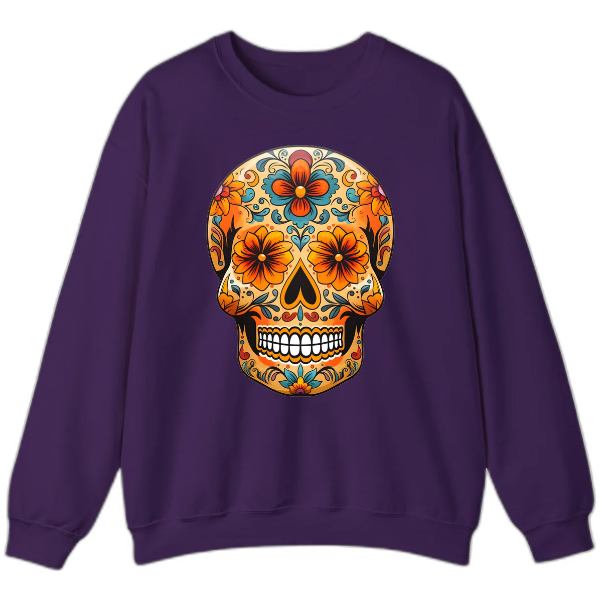 Vibrant Floral Sugar Skull Calavera Design Sweatshirt in Purple