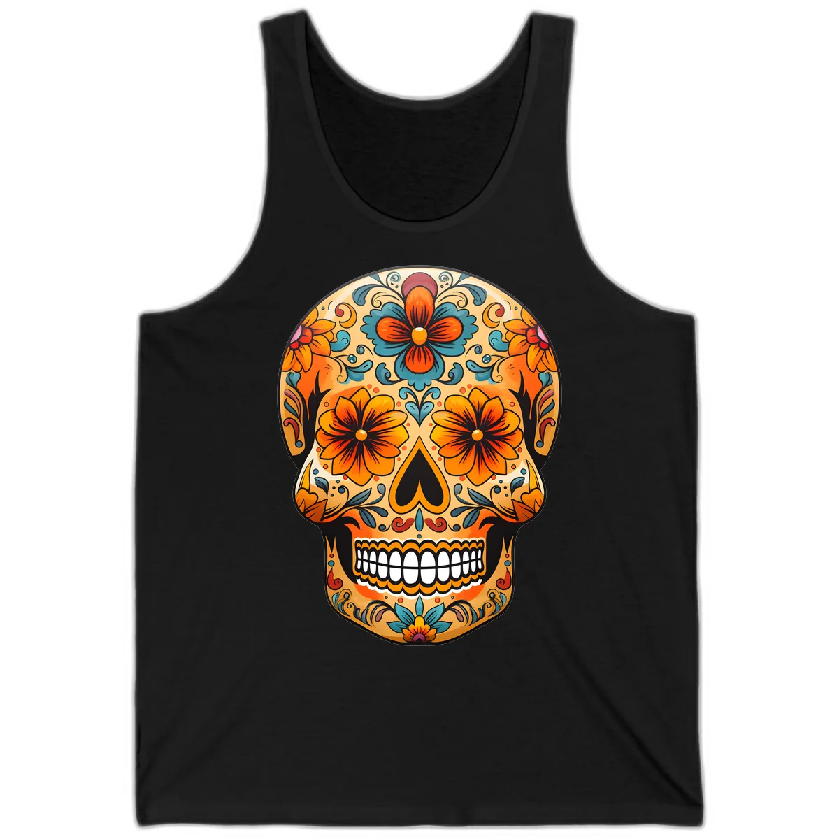 Vibrant Floral Sugar Skull Calavera Design Tank in Black