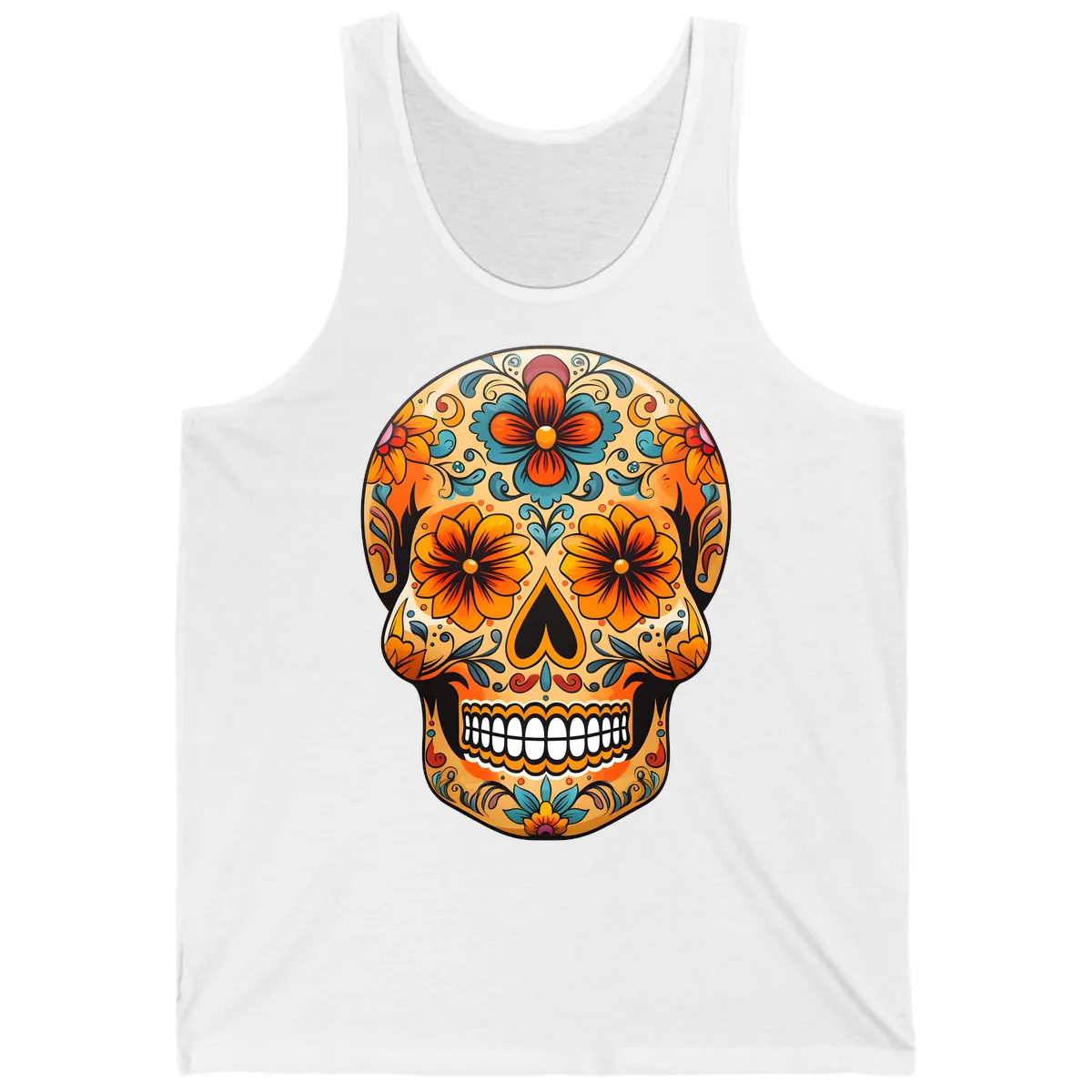 Vibrant Floral Sugar Skull Calavera Design Tank in White