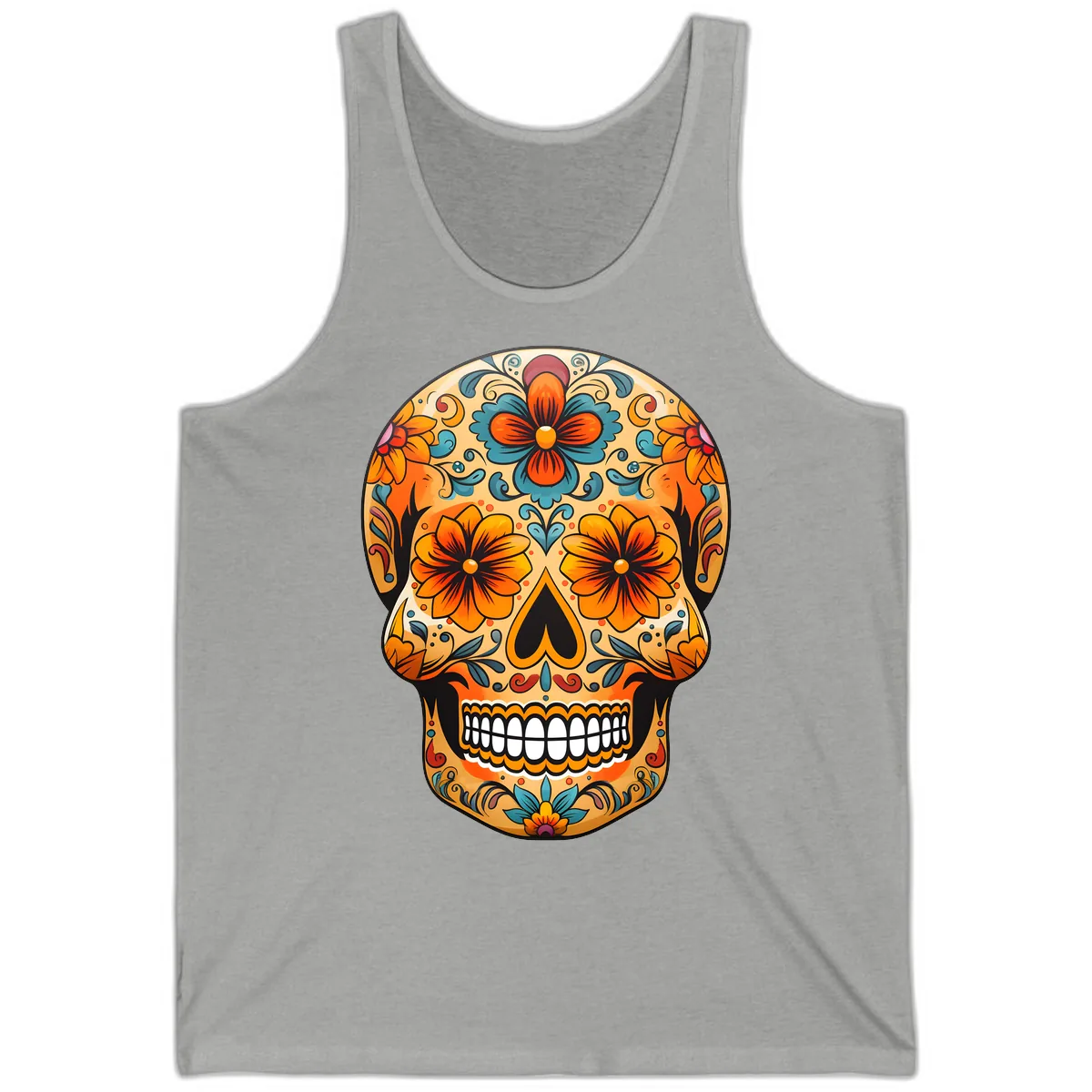 Vibrant Floral Sugar Skull Calavera Design Tank in Athletic Heather