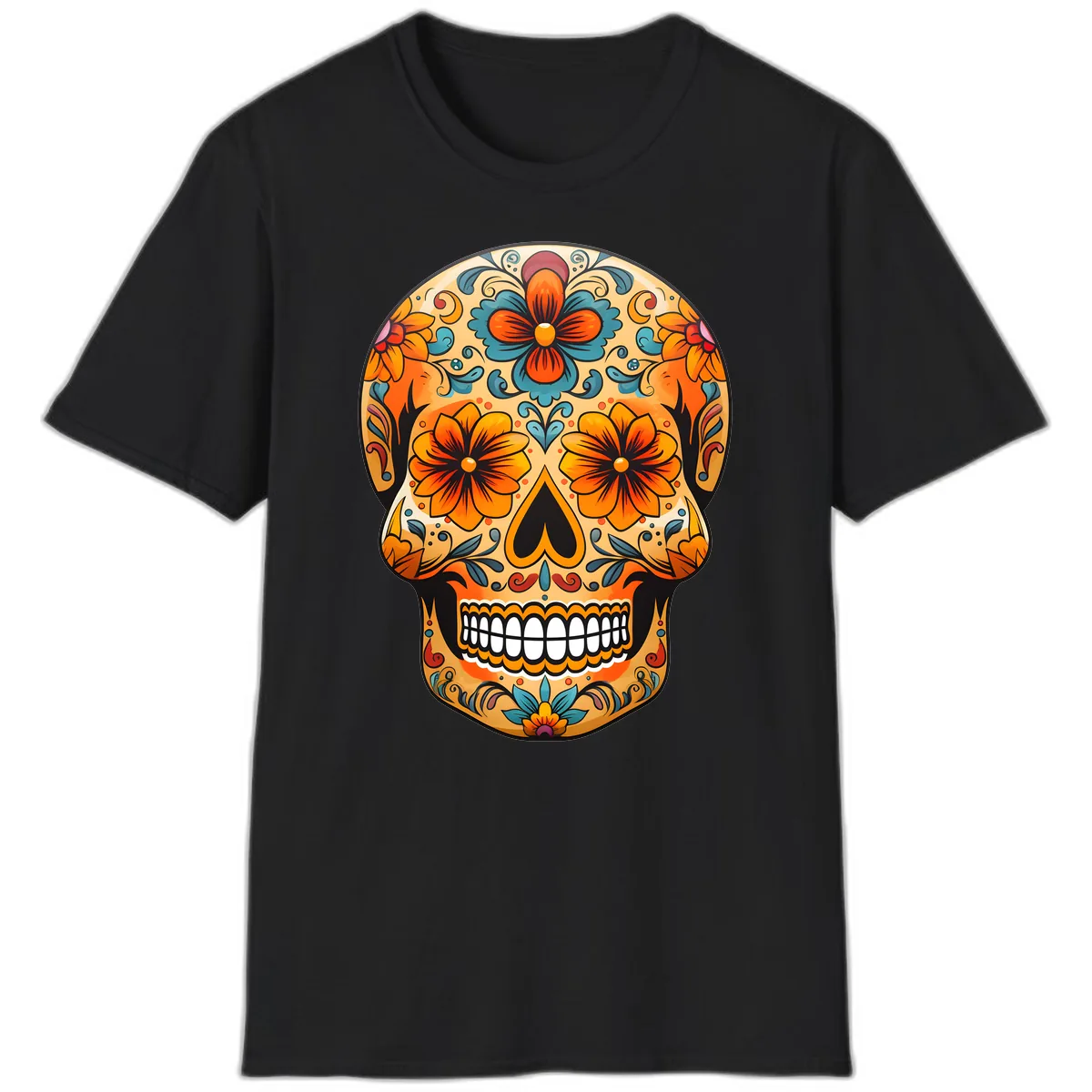 Vibrant Floral Sugar Skull Calavera Design T-Shirt in Black