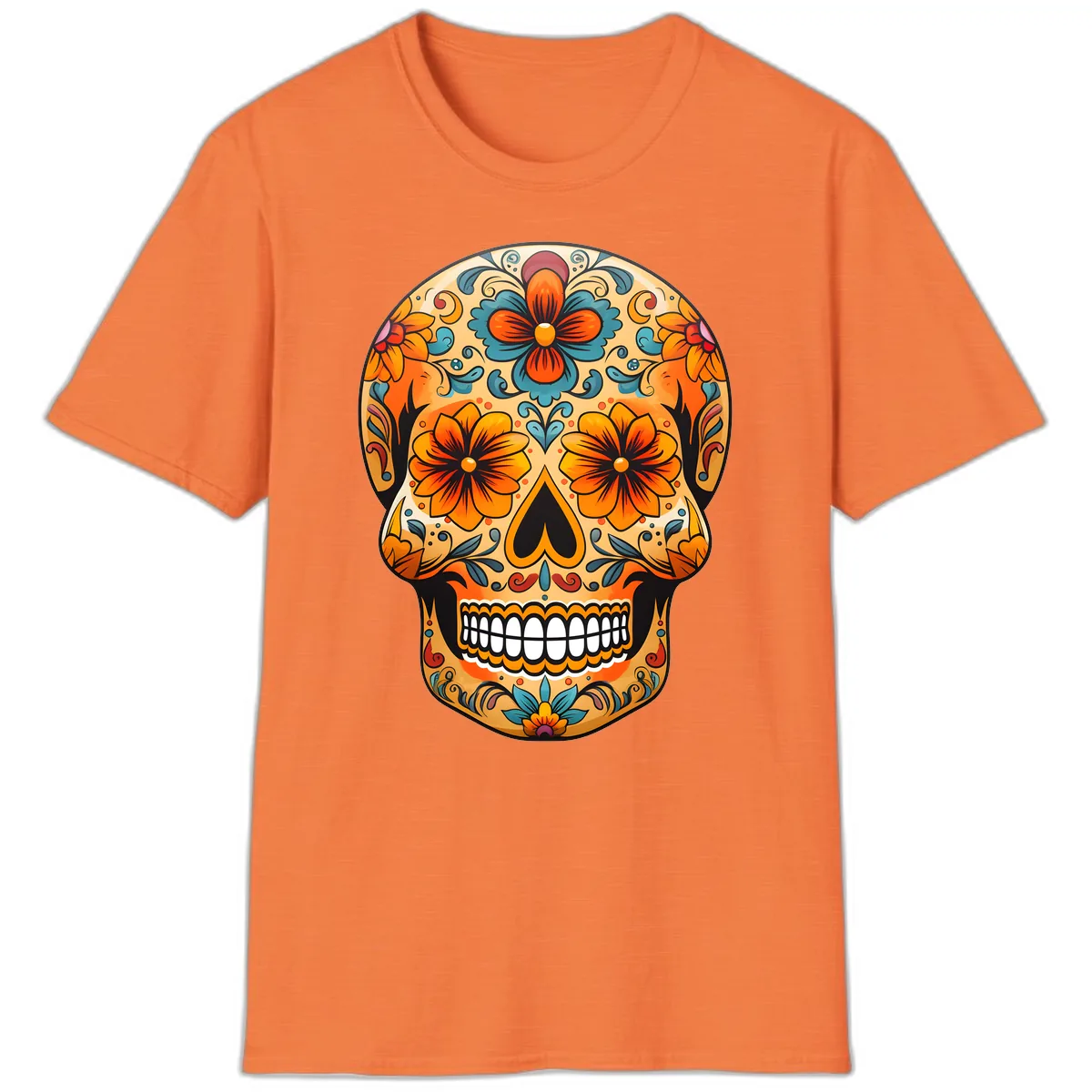 Vibrant Floral Sugar Skull Calavera Design T-Shirt in Heather Orange