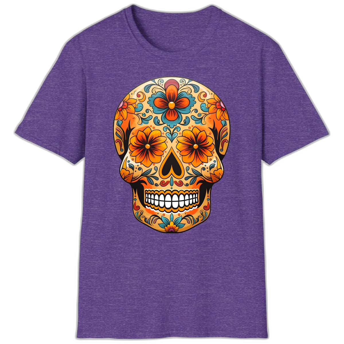 Vibrant Floral Sugar Skull Calavera Design T-Shirt in Heather Purple