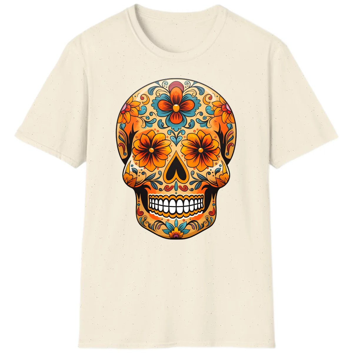 Vibrant Floral Sugar Skull Calavera Design T-Shirt in Natural