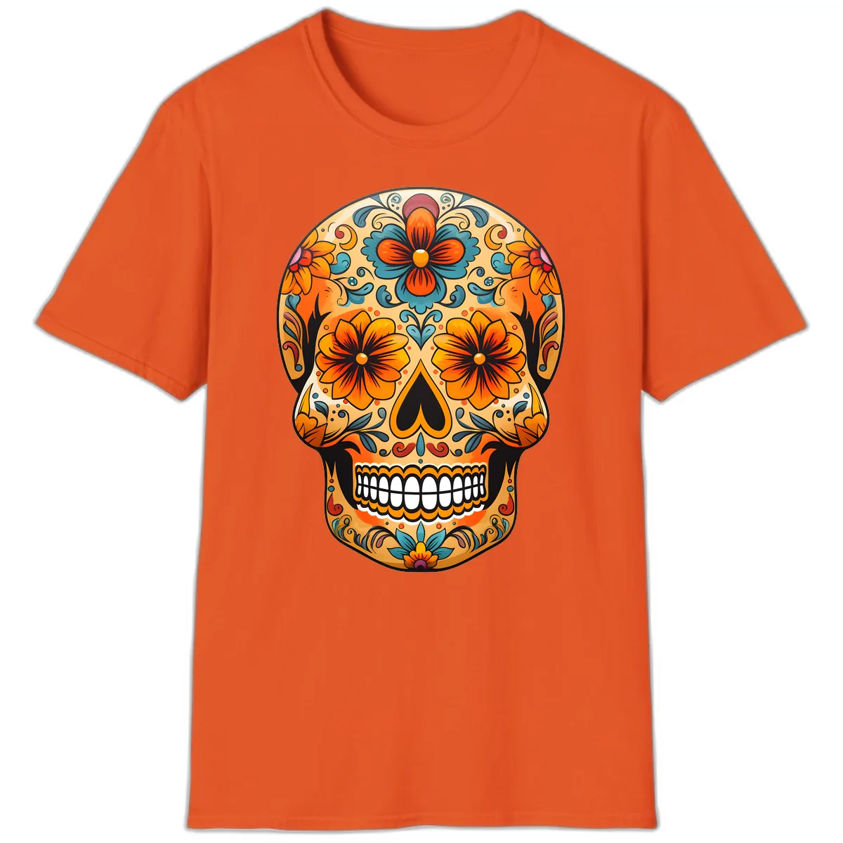 Vibrant Floral Sugar Skull Calavera Design T-Shirt in Orange