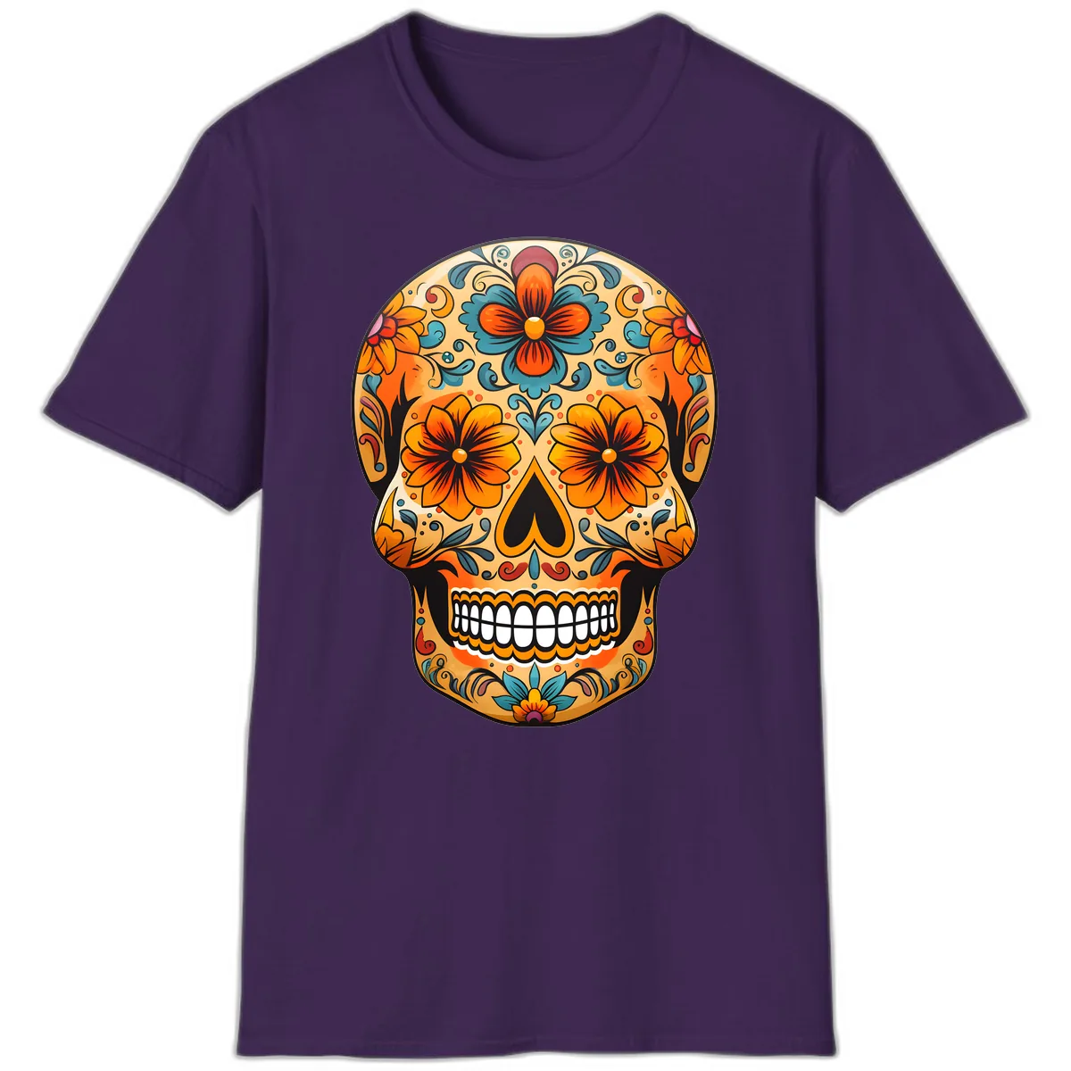 Vibrant Floral Sugar Skull Calavera Design T-Shirt in Purple