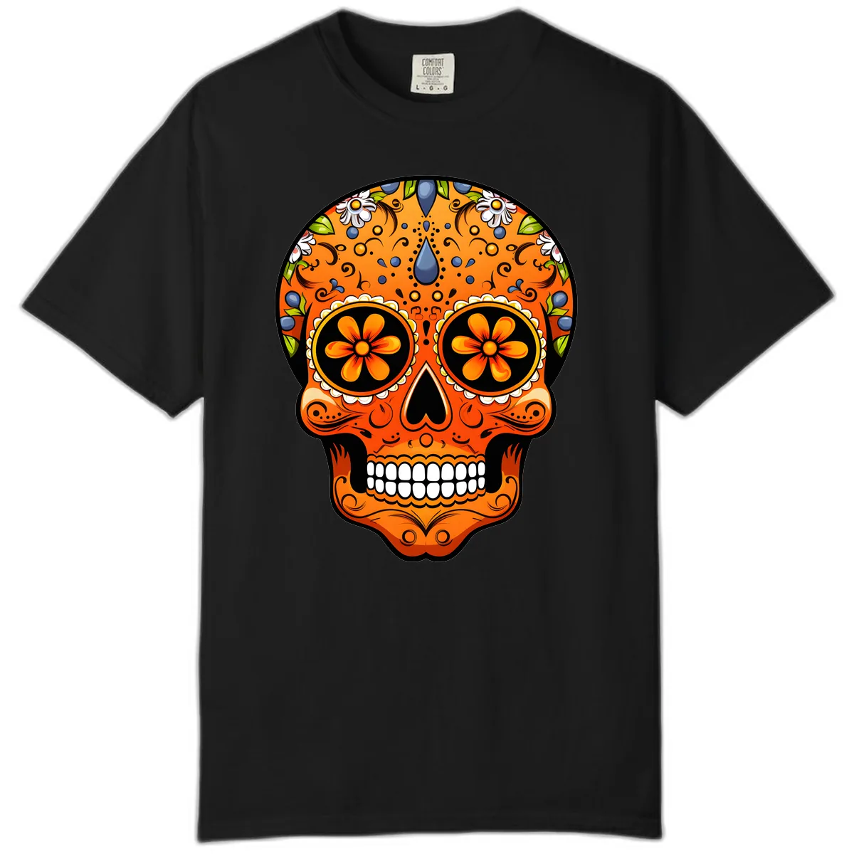 Vibrant Calavera Skull Adorned with Floral Motifs Comfort Color in Black