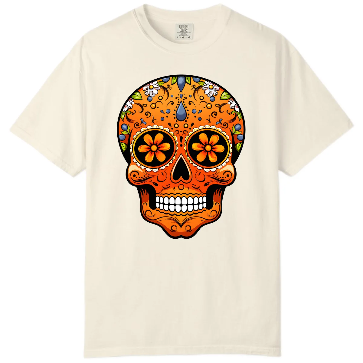 Vibrant Calavera Skull Adorned with Floral Motifs Comfort Color in Ivory