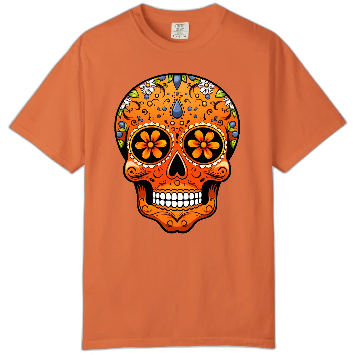 Vibrant Calavera Skull Adorned with Floral Motifs Comfort Color in Burnt Orange
