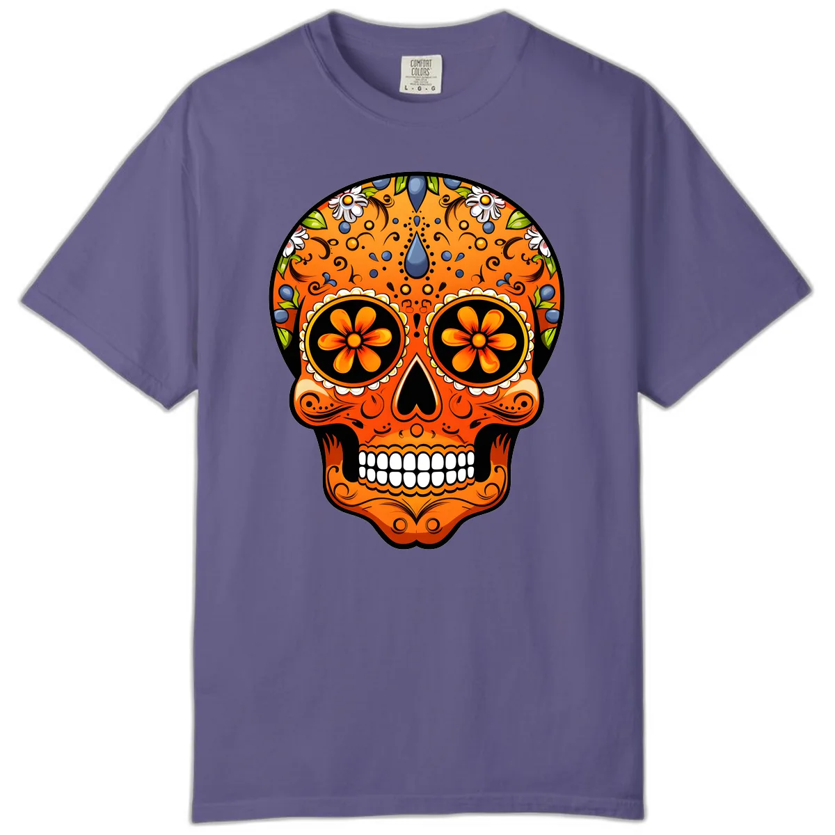 Vibrant Calavera Skull Adorned with Floral Motifs Comfort Color in Grape