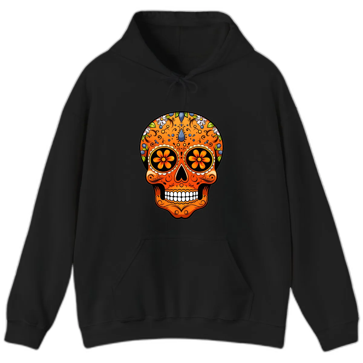 Vibrant Calavera Skull Adorned with Floral Motifs Hoodie in Black