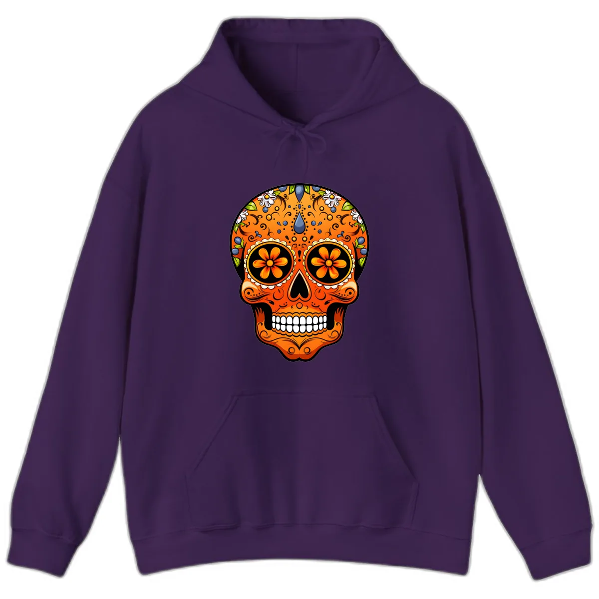 Vibrant Calavera Skull Adorned with Floral Motifs Hoodie in Purple
