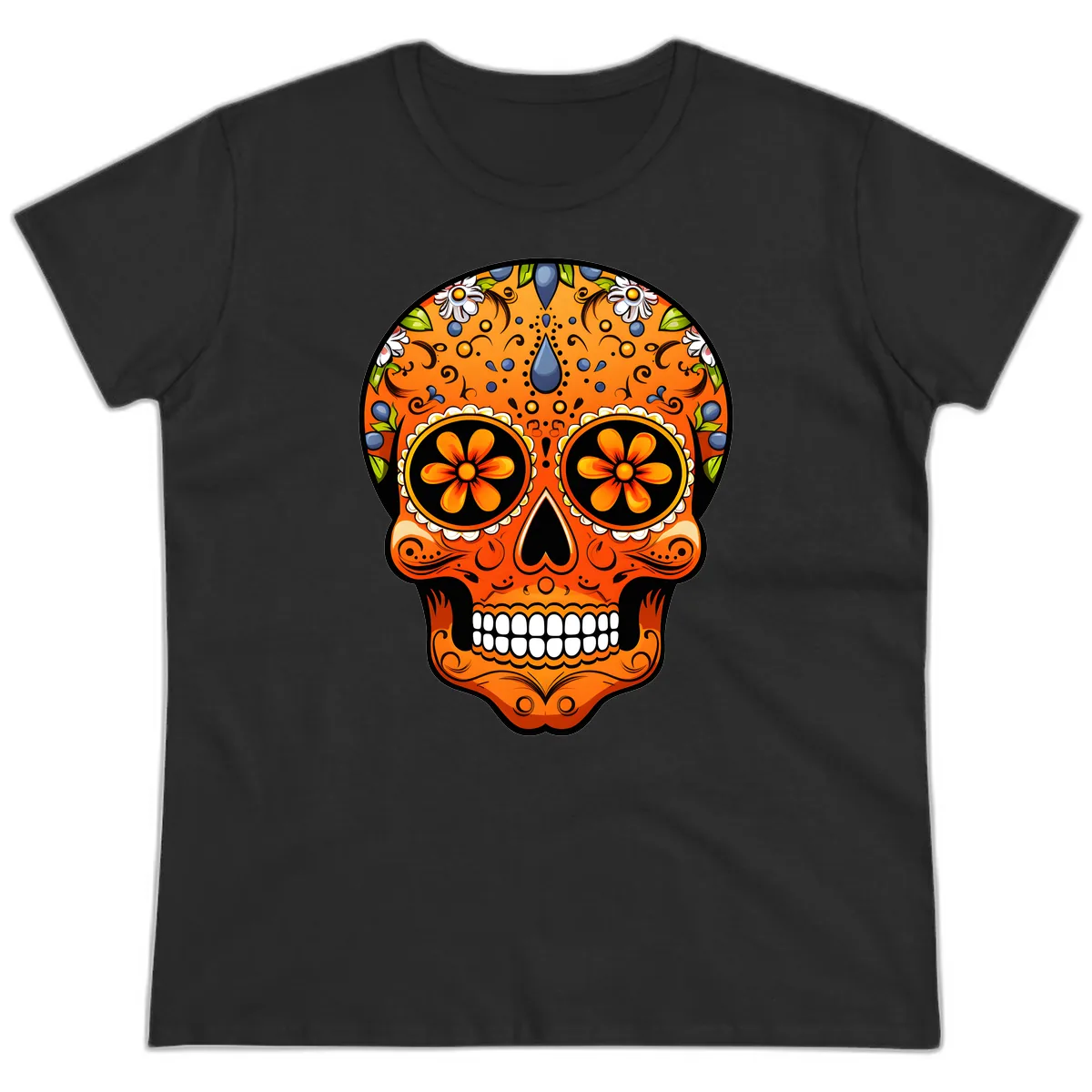 Vibrant Calavera Skull Adorned with Floral Motifs Ladies Tee in Black