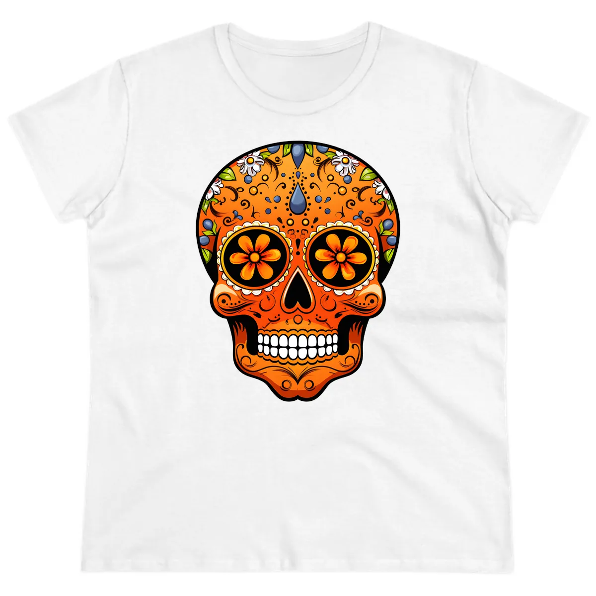 Vibrant Calavera Skull Adorned with Floral Motifs Ladies Tee in White
