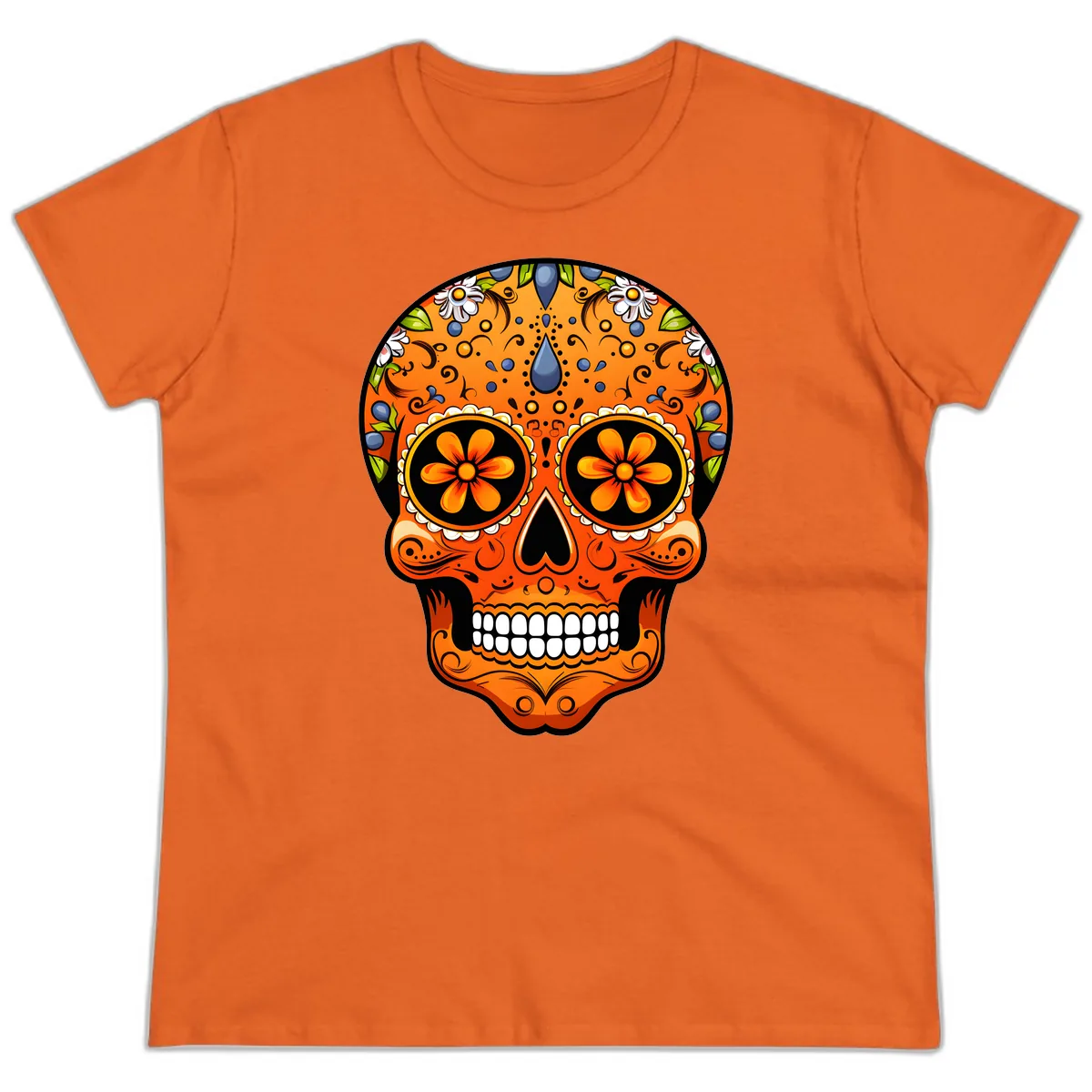 Vibrant Calavera Skull Adorned with Floral Motifs Ladies Tee in Orange