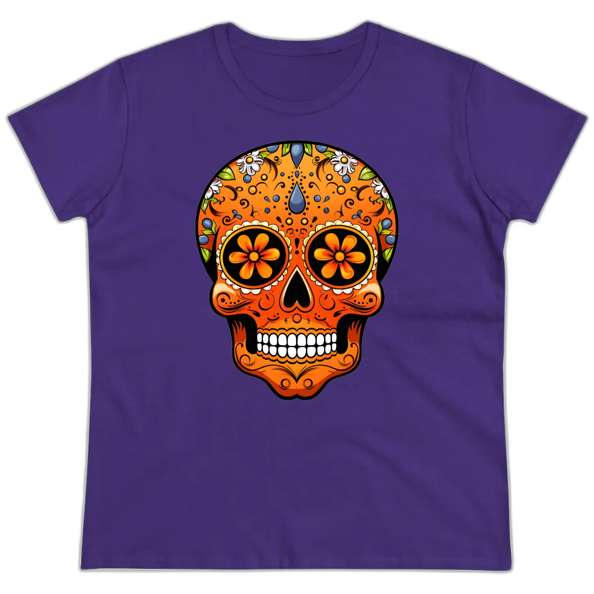 Vibrant Calavera Skull Adorned with Floral Motifs Ladies Tee in Purple