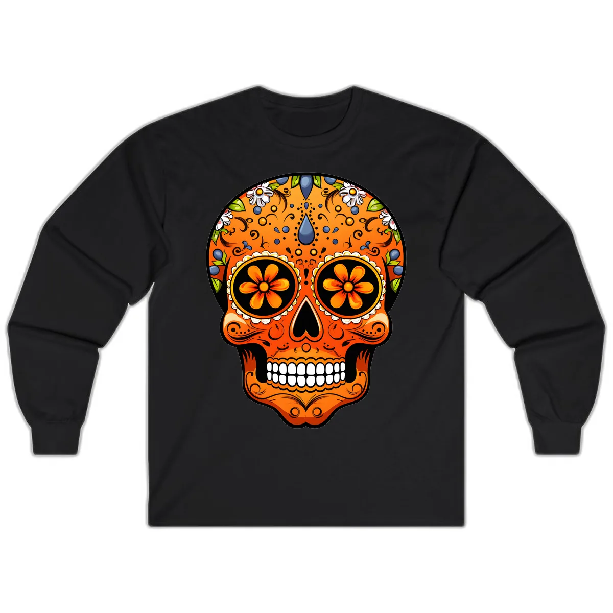 Vibrant Calavera Skull Adorned with Floral Motifs Long Sleeve in Black