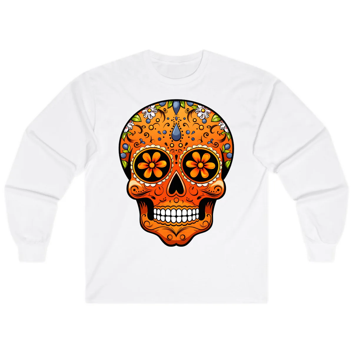 Vibrant Calavera Skull Adorned with Floral Motifs Long Sleeve in White