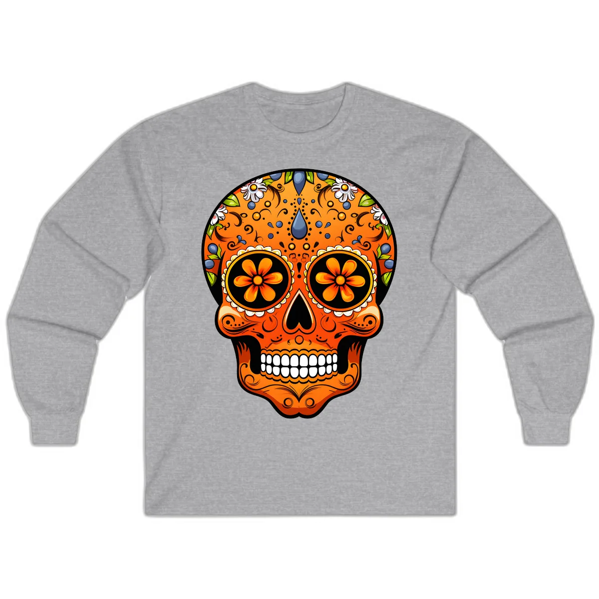 Vibrant Calavera Skull Adorned with Floral Motifs Long Sleeve in Sport Grey