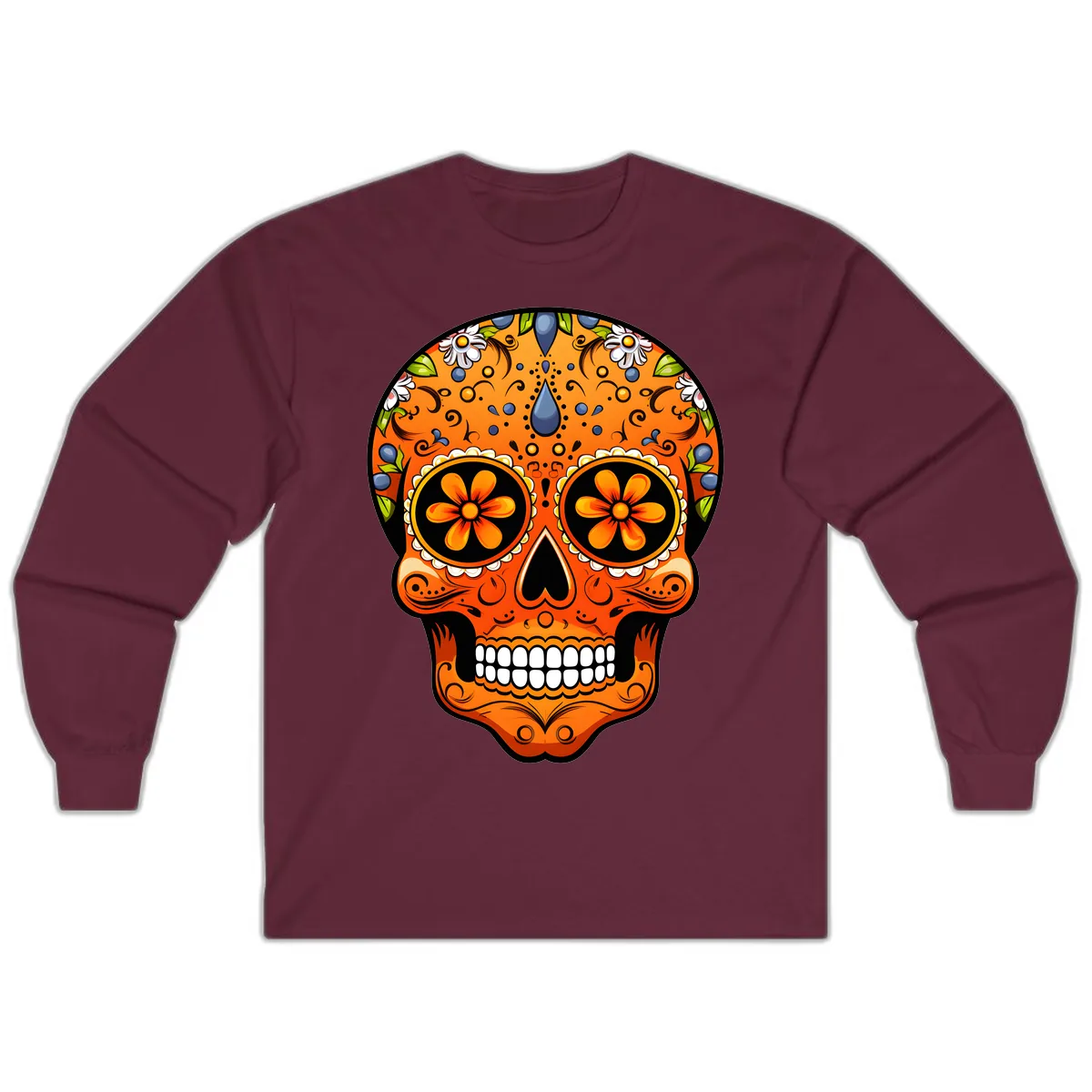 Vibrant Calavera Skull Adorned with Floral Motifs Long Sleeve in Maroon