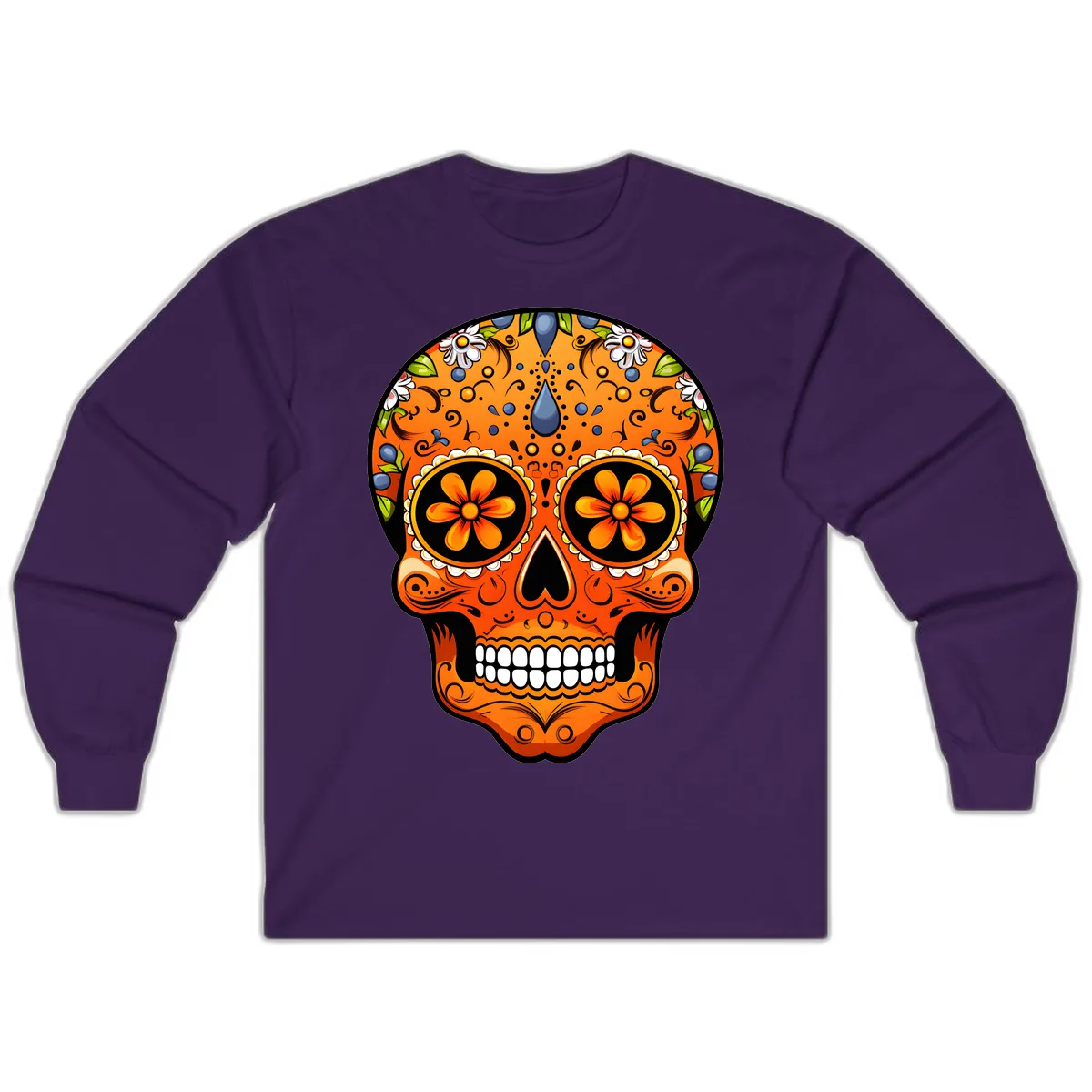 Vibrant Calavera Skull Adorned with Floral Motifs Long Sleeve in Purple