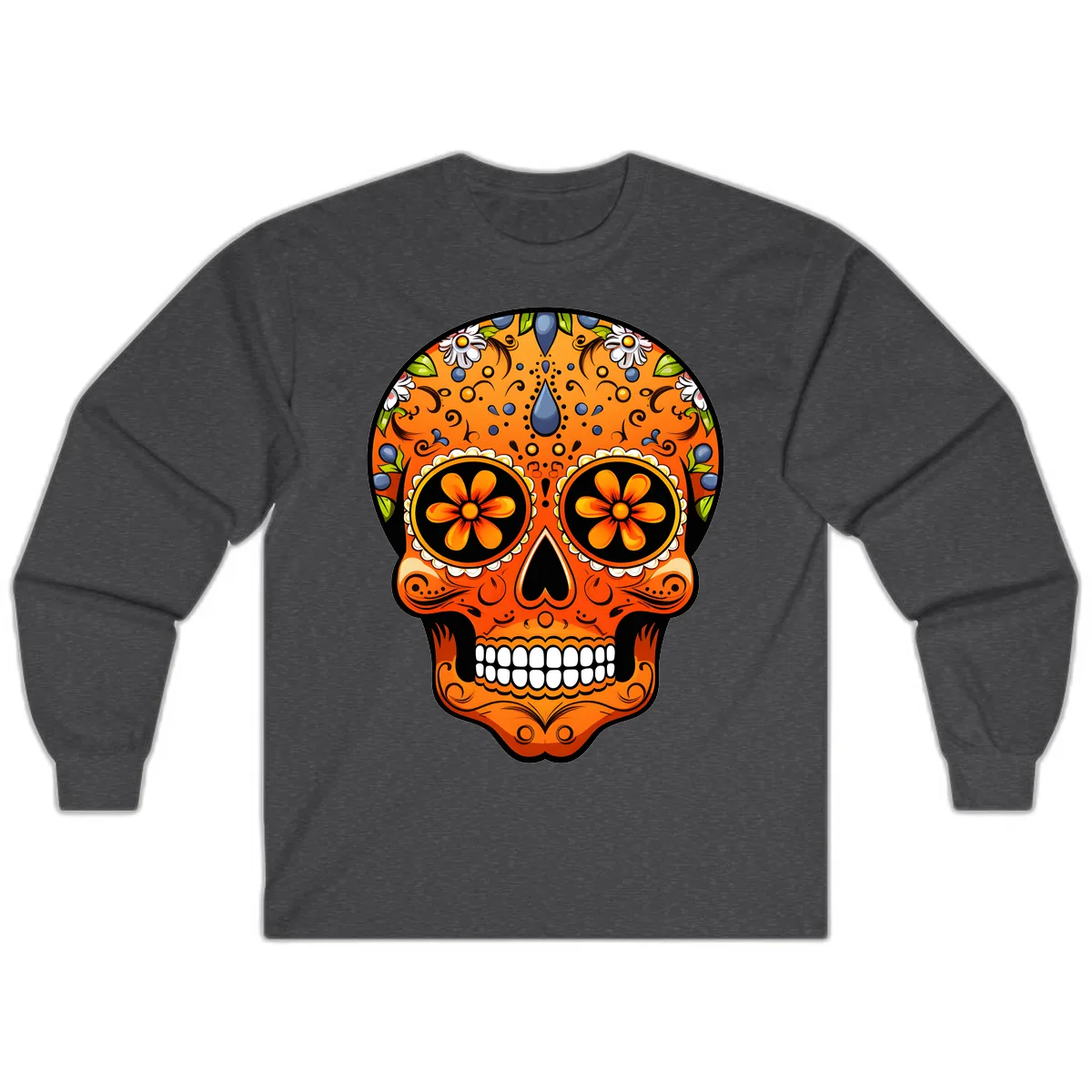 Vibrant Calavera Skull Adorned with Floral Motifs Long Sleeve in Dark Heather