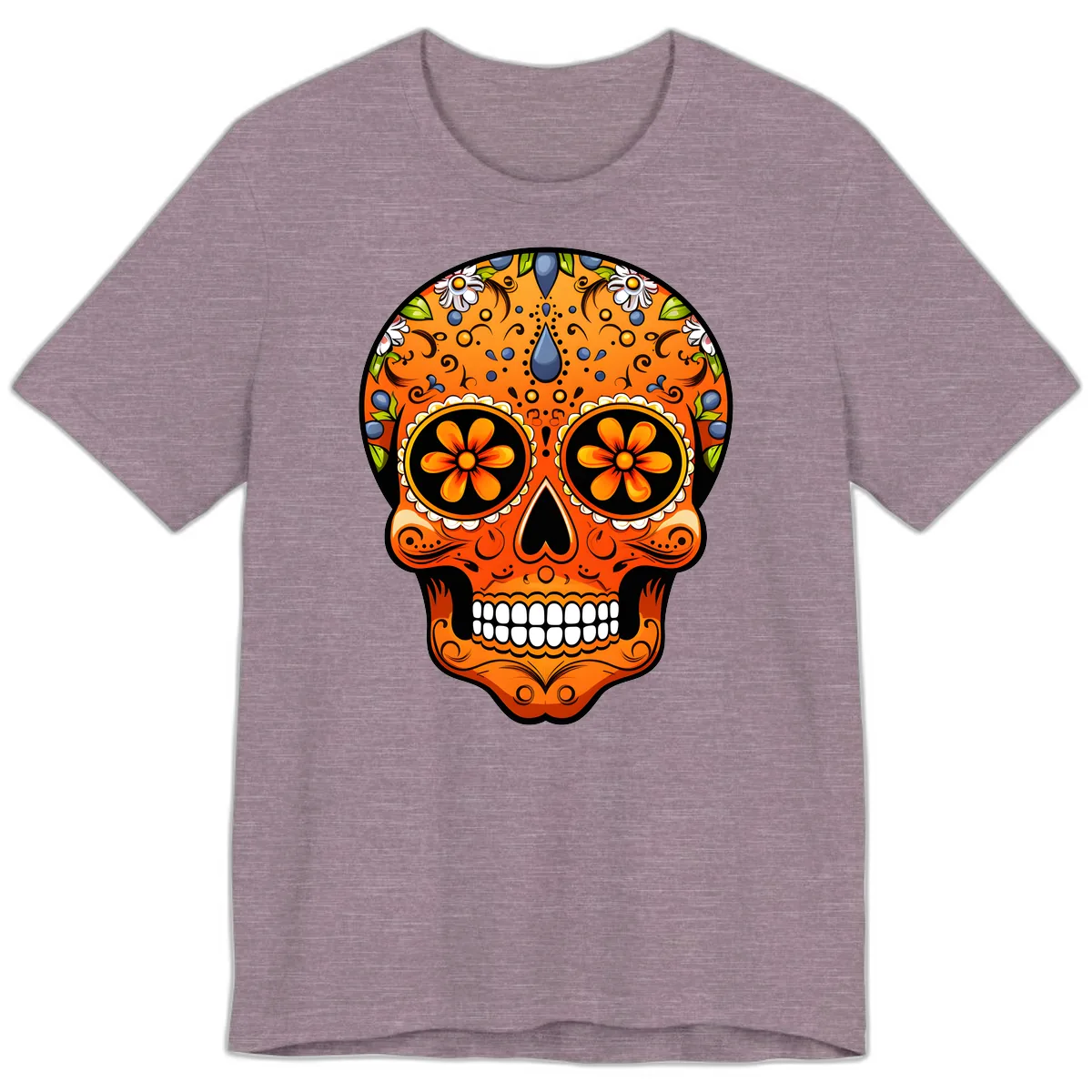 Vibrant Calavera Skull Adorned with Floral Motifs Premium T-Shirt in Heather Purple
