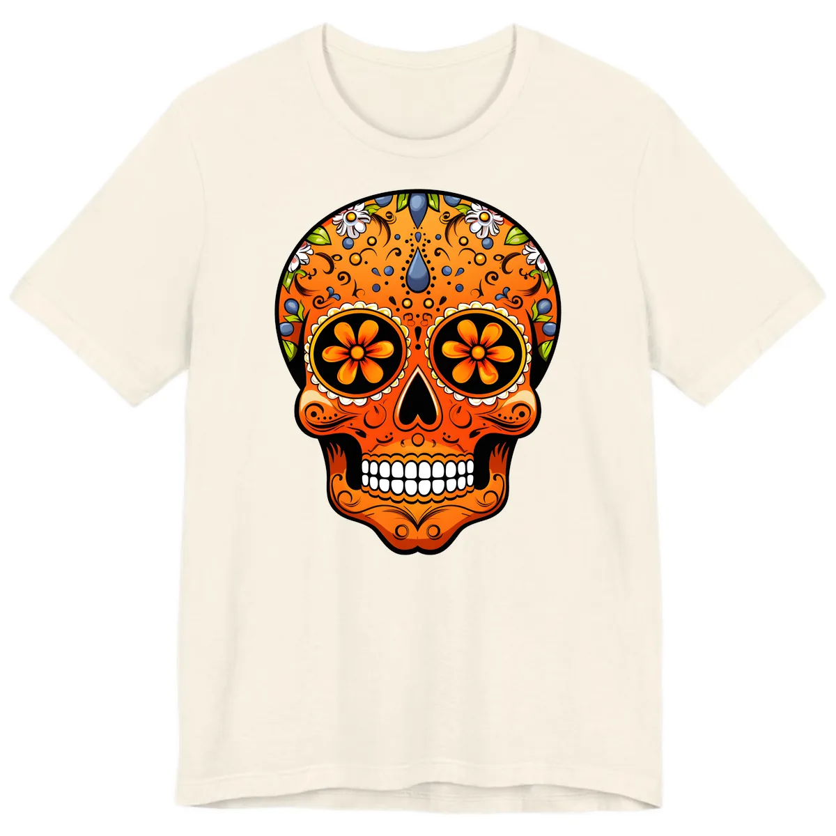 Vibrant Calavera Skull Adorned with Floral Motifs Premium T-Shirt in Natural