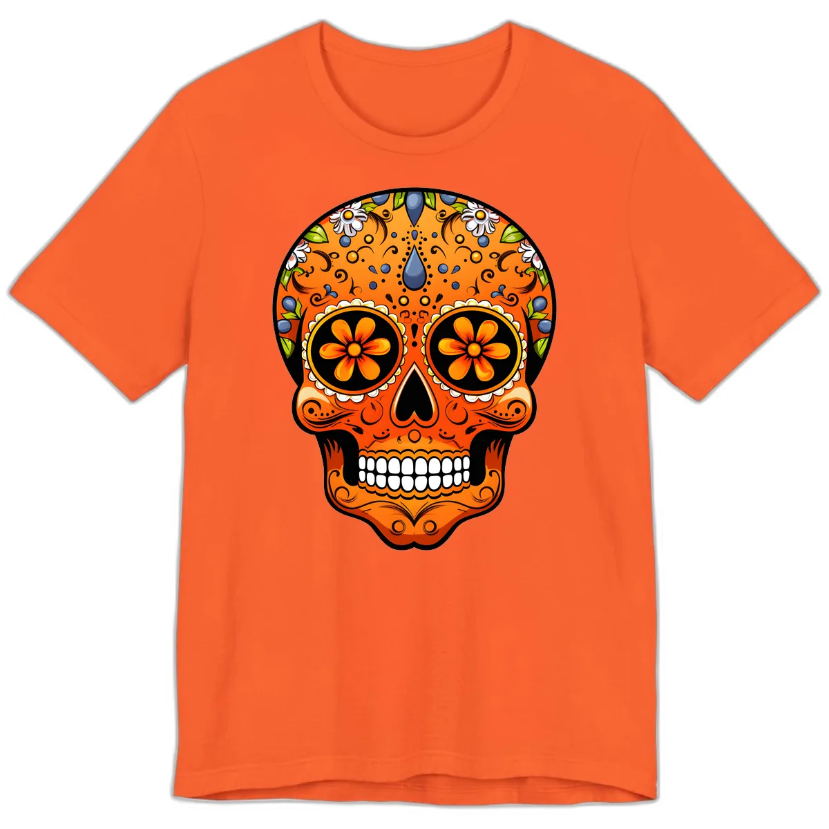 Vibrant Calavera Skull Adorned with Floral Motifs Premium T-Shirt in Orange