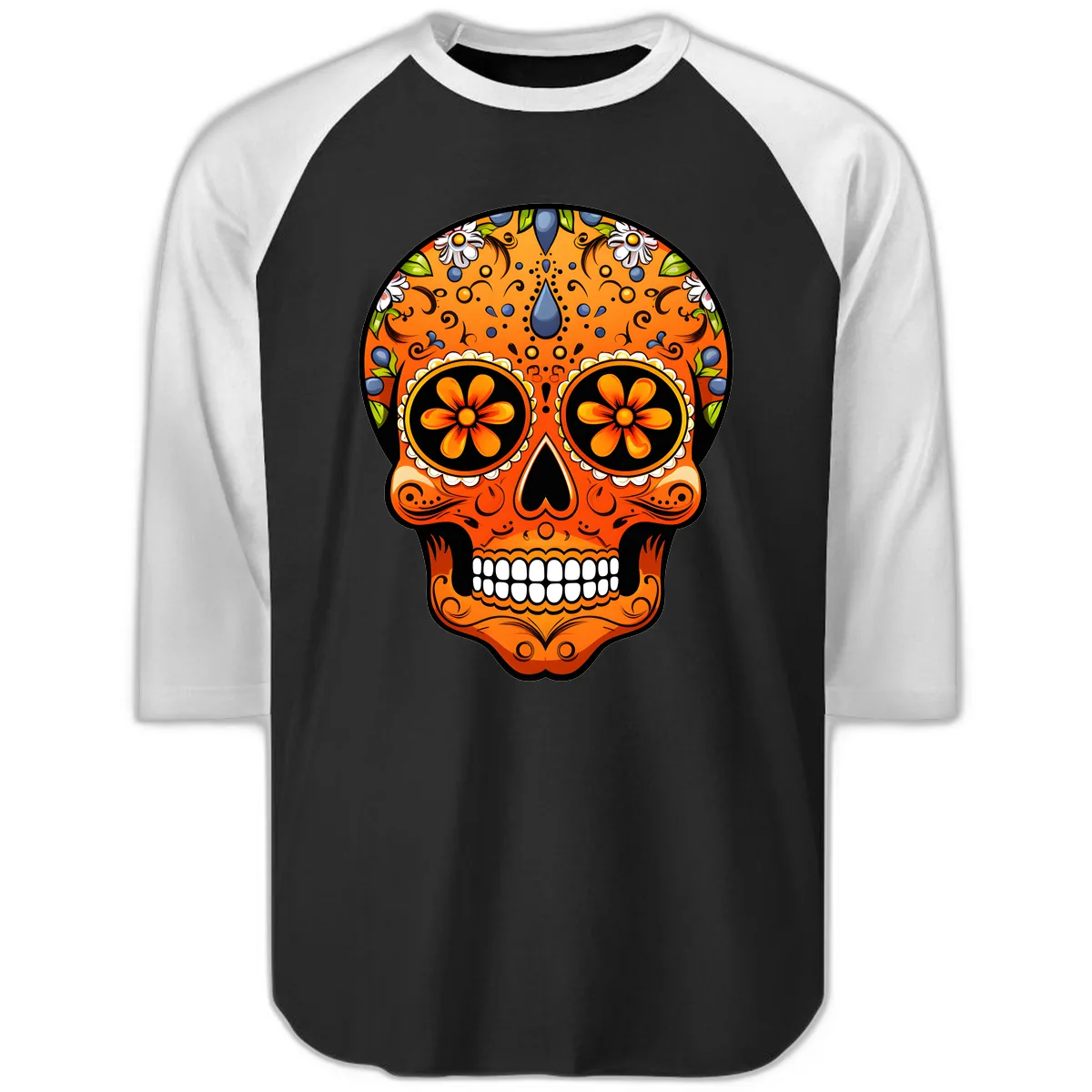 Vibrant Calavera Skull Adorned with Floral Motifs Raglan 3/4 in Black White