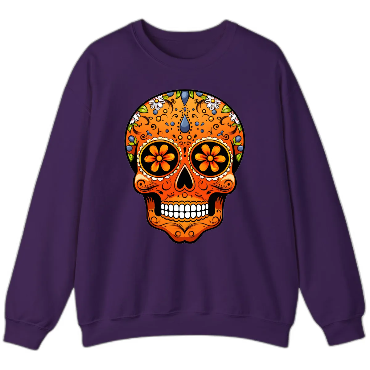 Vibrant Calavera Skull Adorned with Floral Motifs Sweatshirt in Purple