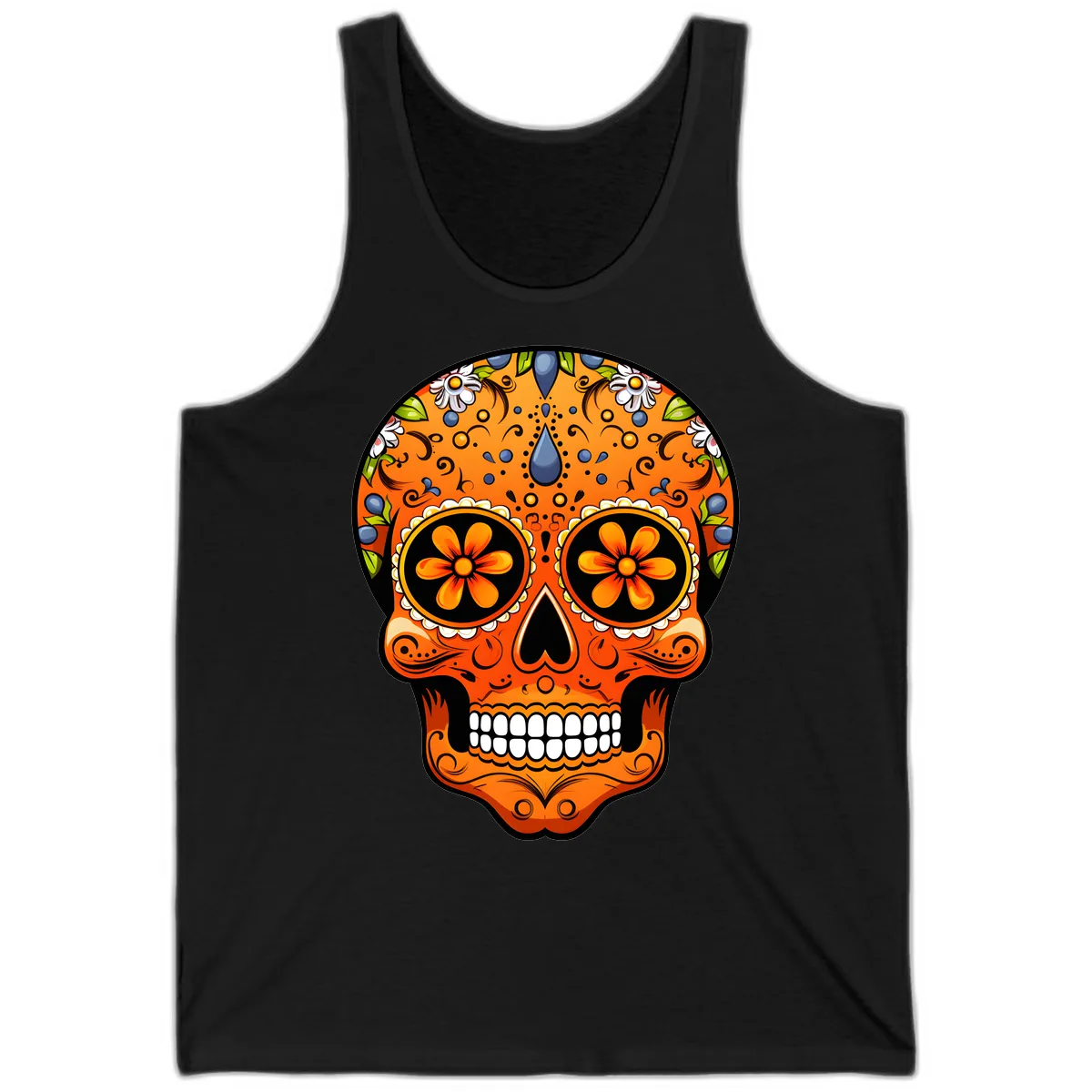 Vibrant Calavera Skull Adorned with Floral Motifs Tank in Black