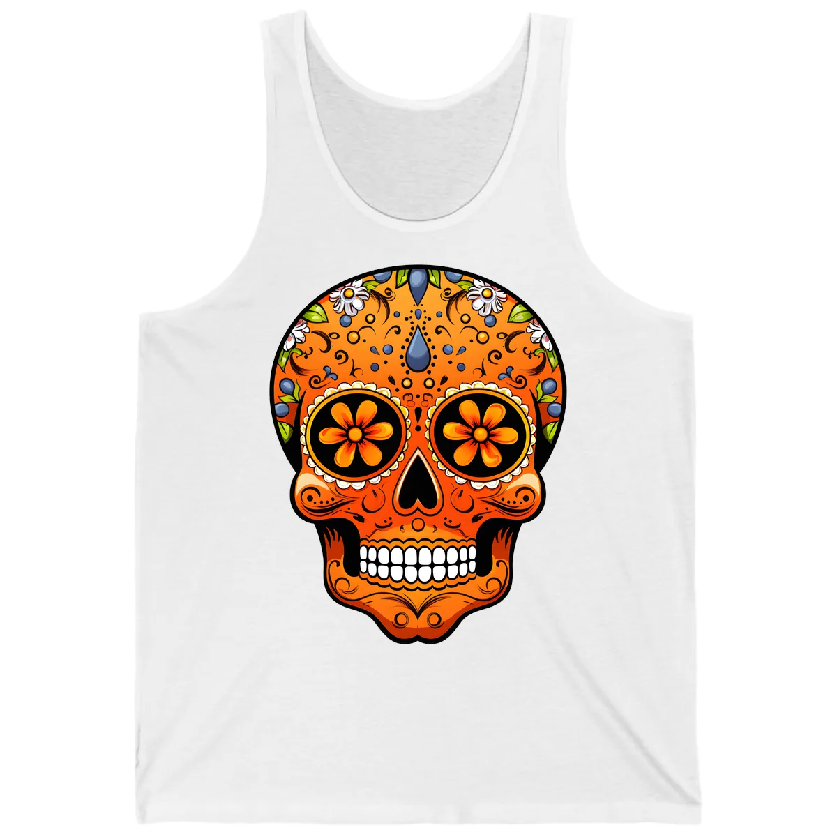 Vibrant Calavera Skull Adorned with Floral Motifs Tank in White