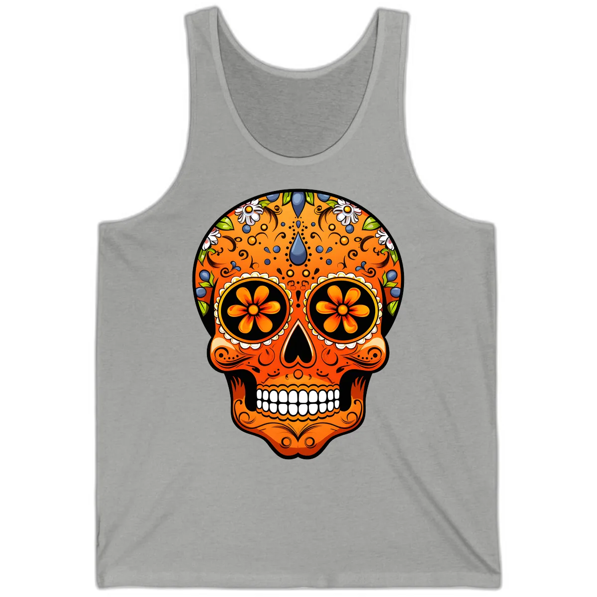 Vibrant Calavera Skull Adorned with Floral Motifs Tank in Athletic Heather