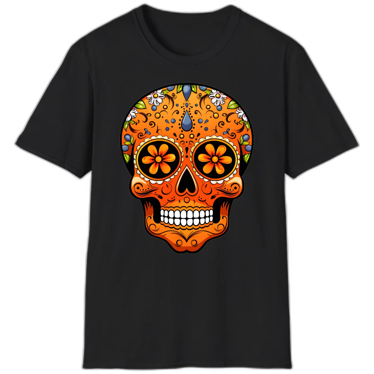 Vibrant Calavera Skull Adorned with Floral Motifs T-Shirt in Black