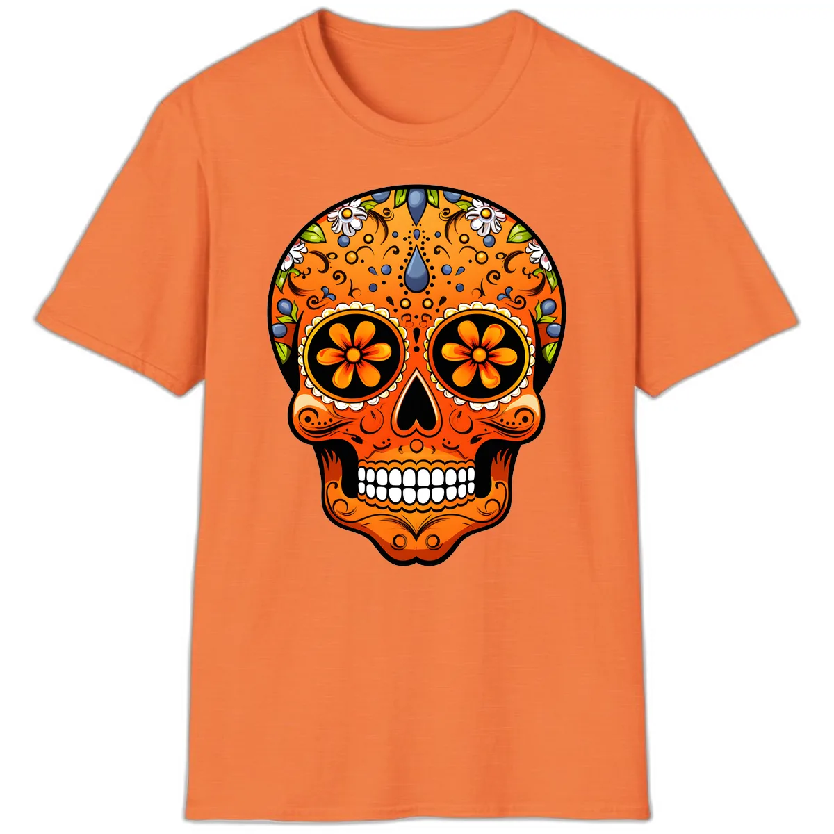 Vibrant Calavera Skull Adorned with Floral Motifs T-Shirt in Heather Orange