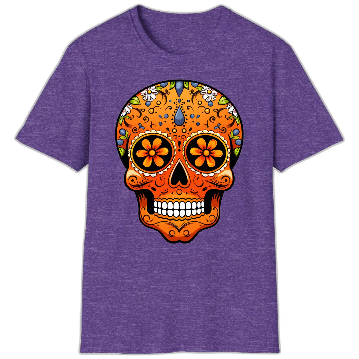 Vibrant Calavera Skull Adorned with Floral Motifs T-Shirt in Heather Purple