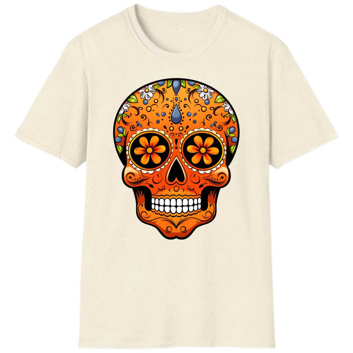 Vibrant Calavera Skull Adorned with Floral Motifs T-Shirt in Natural