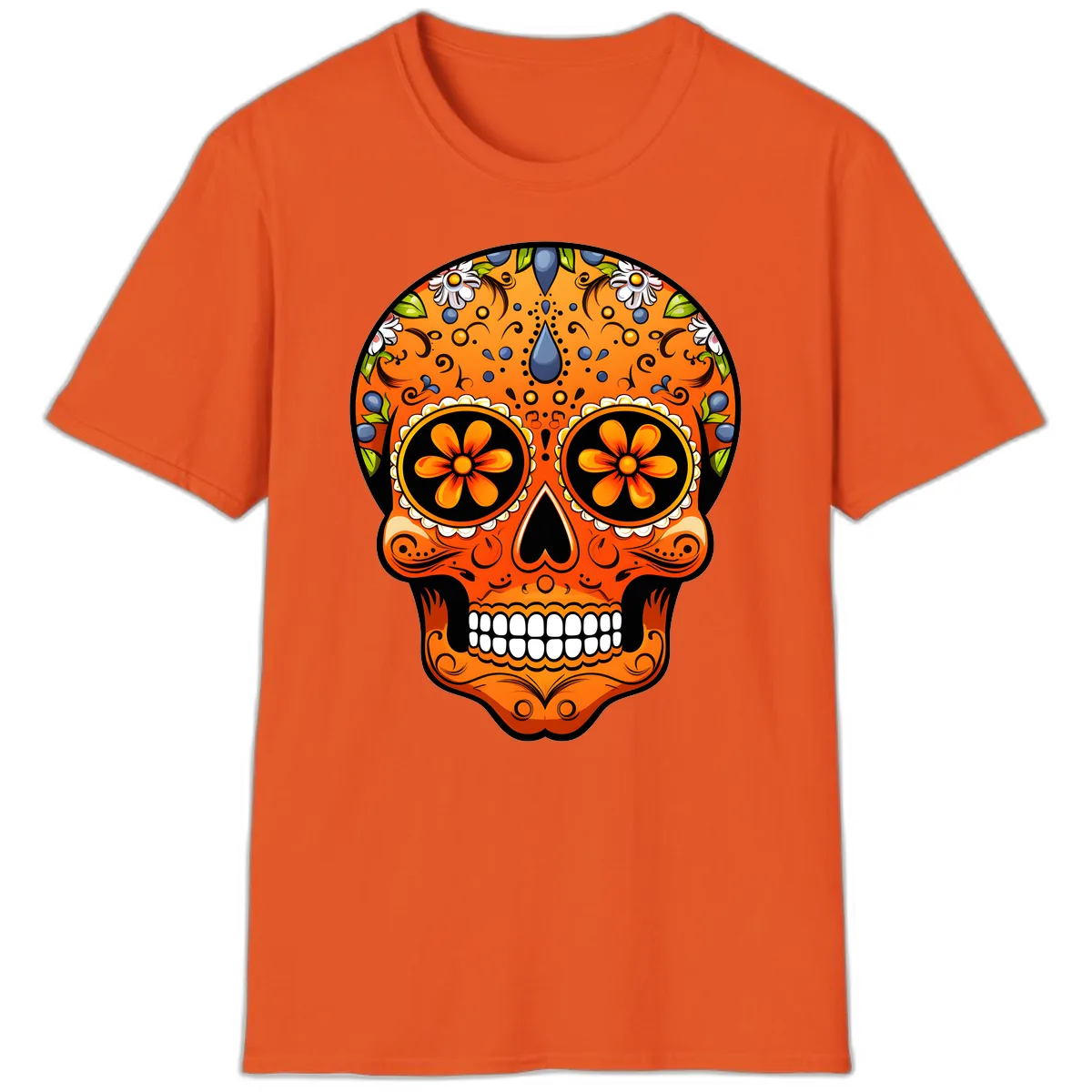 Vibrant Calavera Skull Adorned with Floral Motifs T-Shirt in Orange