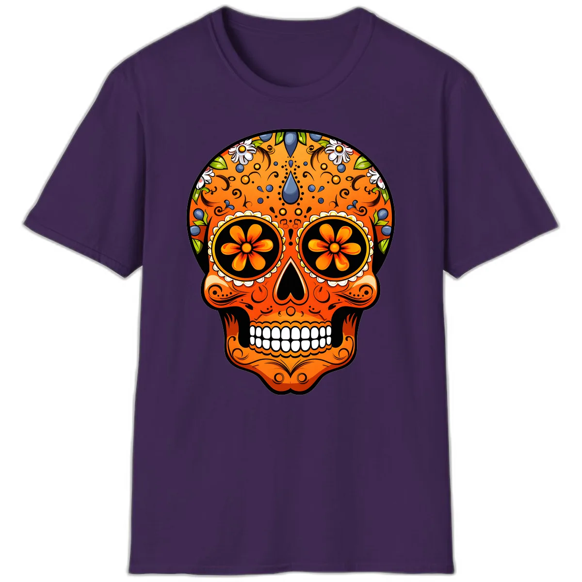 Vibrant Calavera Skull Adorned with Floral Motifs T-Shirt in Purple